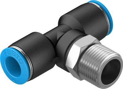 Ein schwarzes T-Stück mit blauem Rand und Metallgewinde an einem Ende, verwendet für pneumatische Verbindungen in technischen Anwendungen.