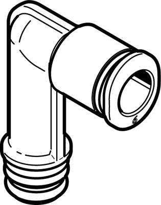 Schwarz-weiße technische Zeichnung eines rechtwinkligen Rohrverbinders mit gerippten Enden, zeigt Details der Konstruktion.