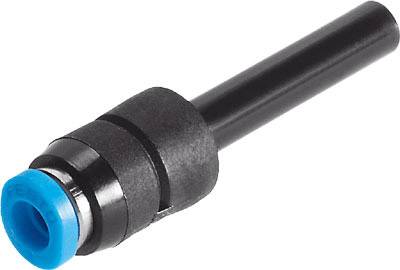 Schwarzer und blauer pneumatischer Steckverbinder aus Kunststoff, verwendet zur Verbindung von Druckluftschläuchen.
