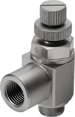 Ein verstellbarer pneumatischer Durchflussregler aus Metall mit Winkelanschluss und gerändelter Schraube zur Feineinstellung des Luftstroms.