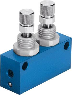 Ein blauer hydraulischer Verteilerblock mit zwei silbernen Einstellventilen, die in einer vertikalen Ausrichtung montiert sind.