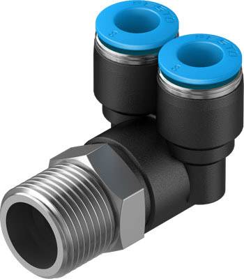 Ein doppelter Pneumatikverbinder mit zwei blauen Steckanschlüssen und einer Metallgewindeverbindung, geeignet für Druckluftsysteme.