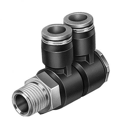 Ein doppelter pneumatischer Stecker mit Gewindeanschluss für Schläuche, meist verwendet in Automatisierungs- und Steuerungssystemen.