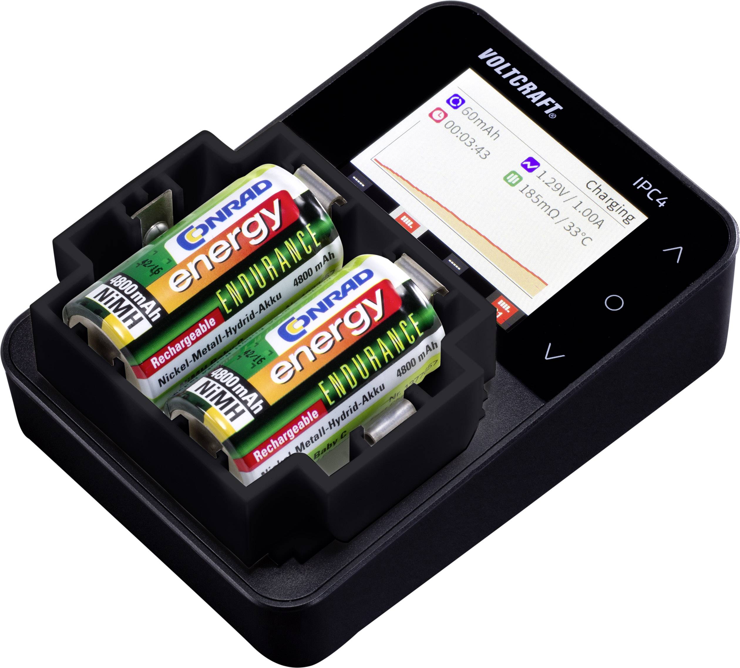 Ladegerät mit LCD-Display zeigt Ladezustand von vier AA-Akkus an; 80% geladen, Kapazität 860mAh, Temperatur 33°C.