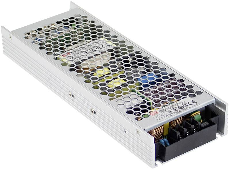 Ein rechteckiges Metallgehäuse mit einem Wabengitter oben, das die interne Elektronik und Verdrahtung eines Netzteils zeigt.