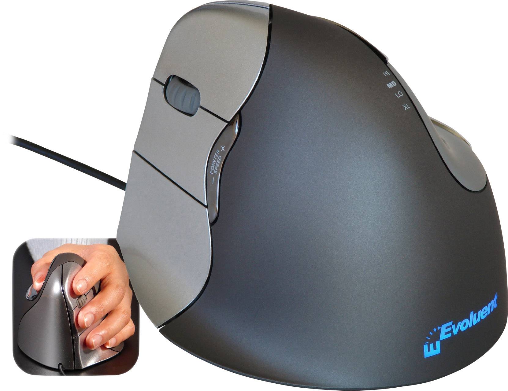 BakkerElkhuizen Evoluent 4 Ergonomische Maus USB Optisch Schwarz, Silber 5 Tasten 800 dpi, 1300 dpi, 1800 dpi, 2600 dpi Ergonomisch