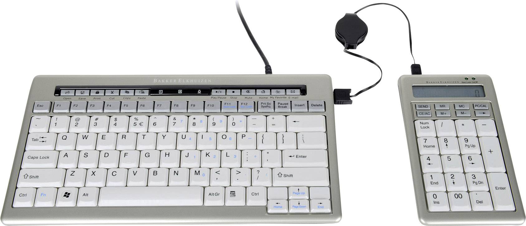 BakkerElkhuizen S-board 840 Design USB Nummernblock mit Kabelroller, Abnehmbares Kabel Silber, Weiß