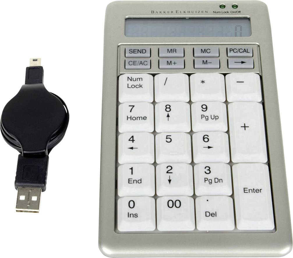 BakkerElkhuizen S-board 840 Design USB Nummernblock mit Kabelroller, Abnehmbares Kabel Silber, Weiß
