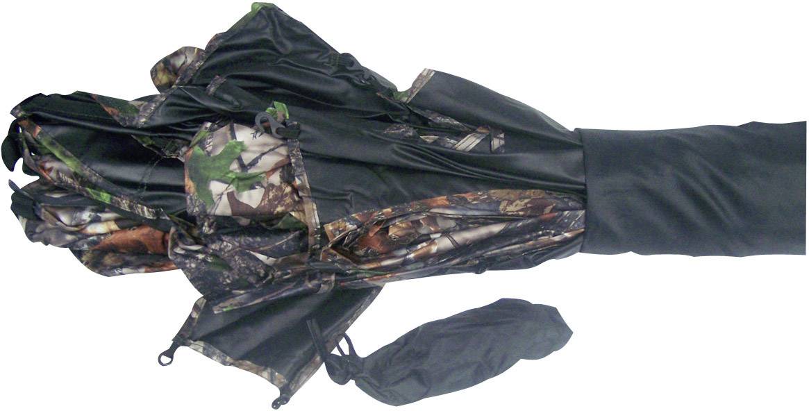 Ein zusammengeklappter Regenschirm mit Tarnmuster und einer schwarzen Schutzhülle daneben.