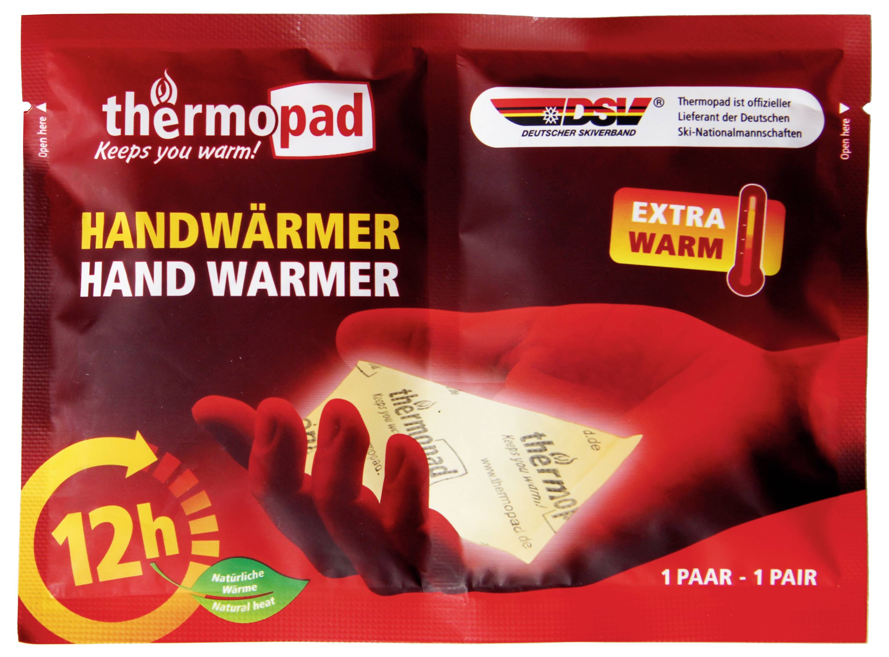 Ein rotes Paket 'Thermopad' Handwärmer, mit der Bezeichnung 'Handwärmer Hand Warmer', '12h', 'Extra Warm', mit einem Paar im Inneren.