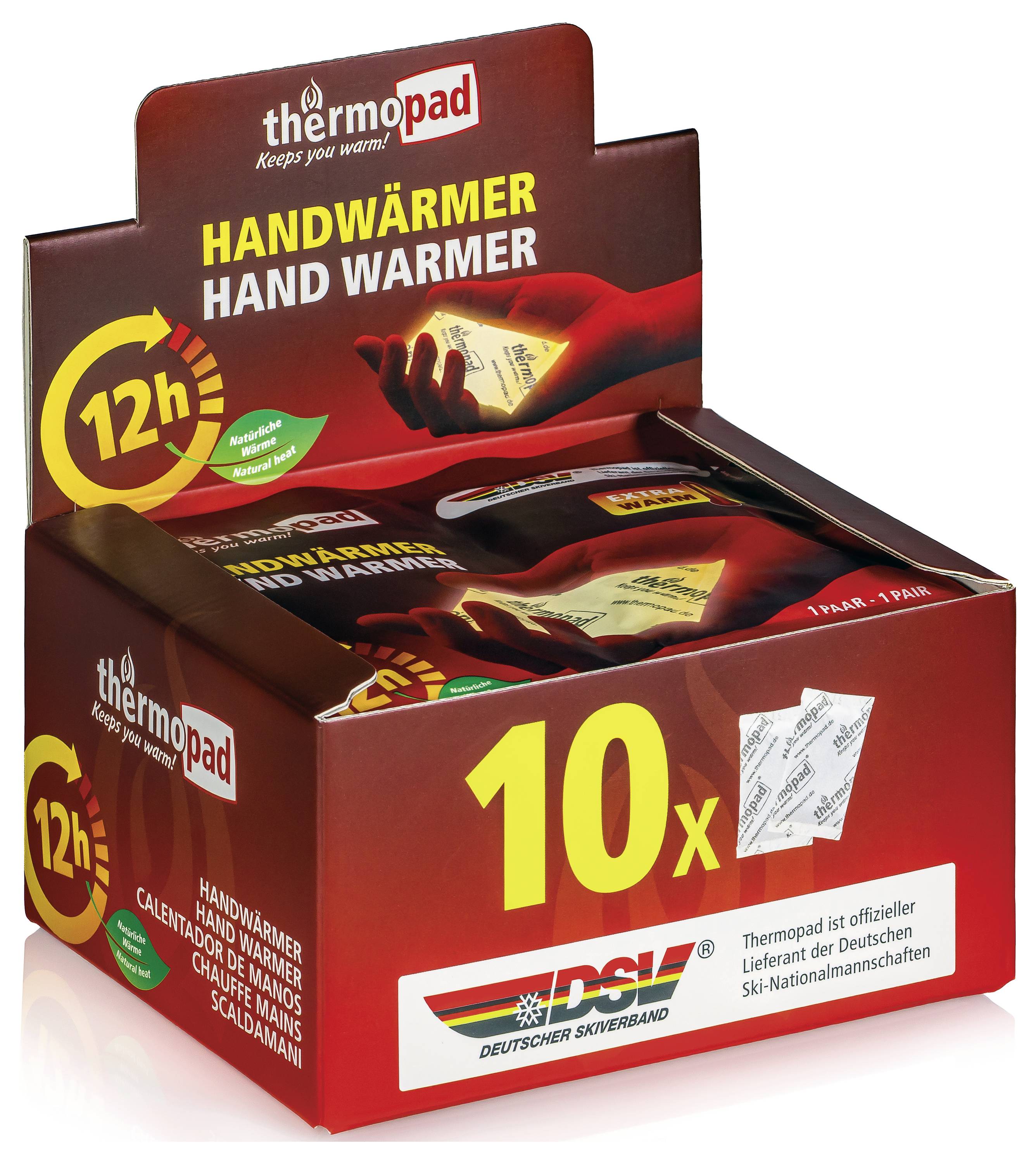 Offene Schachtel Thermopad-Handwärmer, zeigt 10 Packungen und „12h