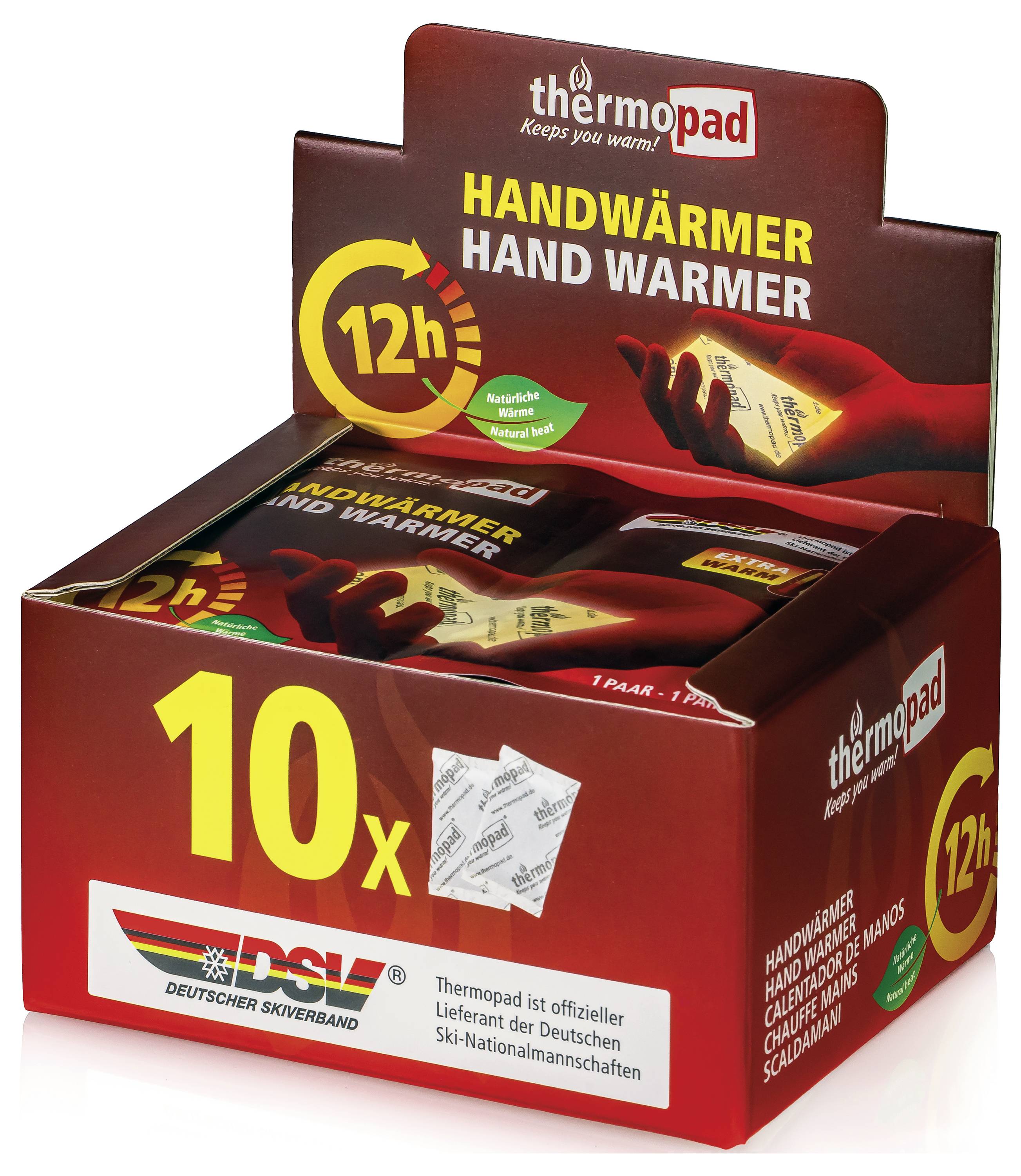 Displaybox für Thermopad Handwärmer, mit den Aufschriften „12h