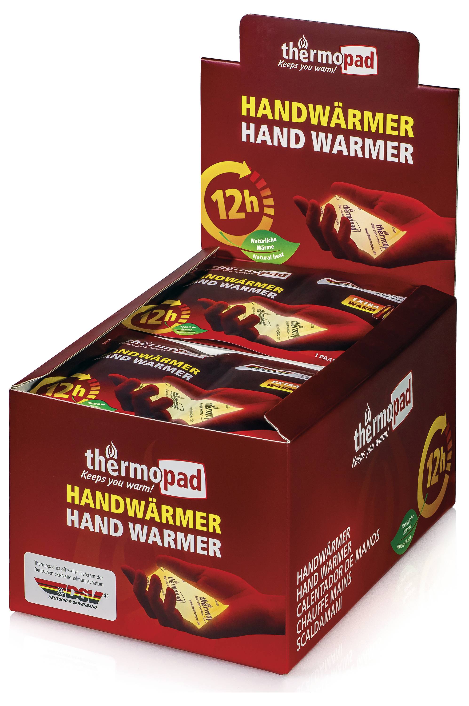 # Thermopad HandwärmerkisteAnzeigekarton mit Thermopad-Handwärmern, rote Verpackung mit der Aufschrift „HANDWÄRMER / HAND WARMER