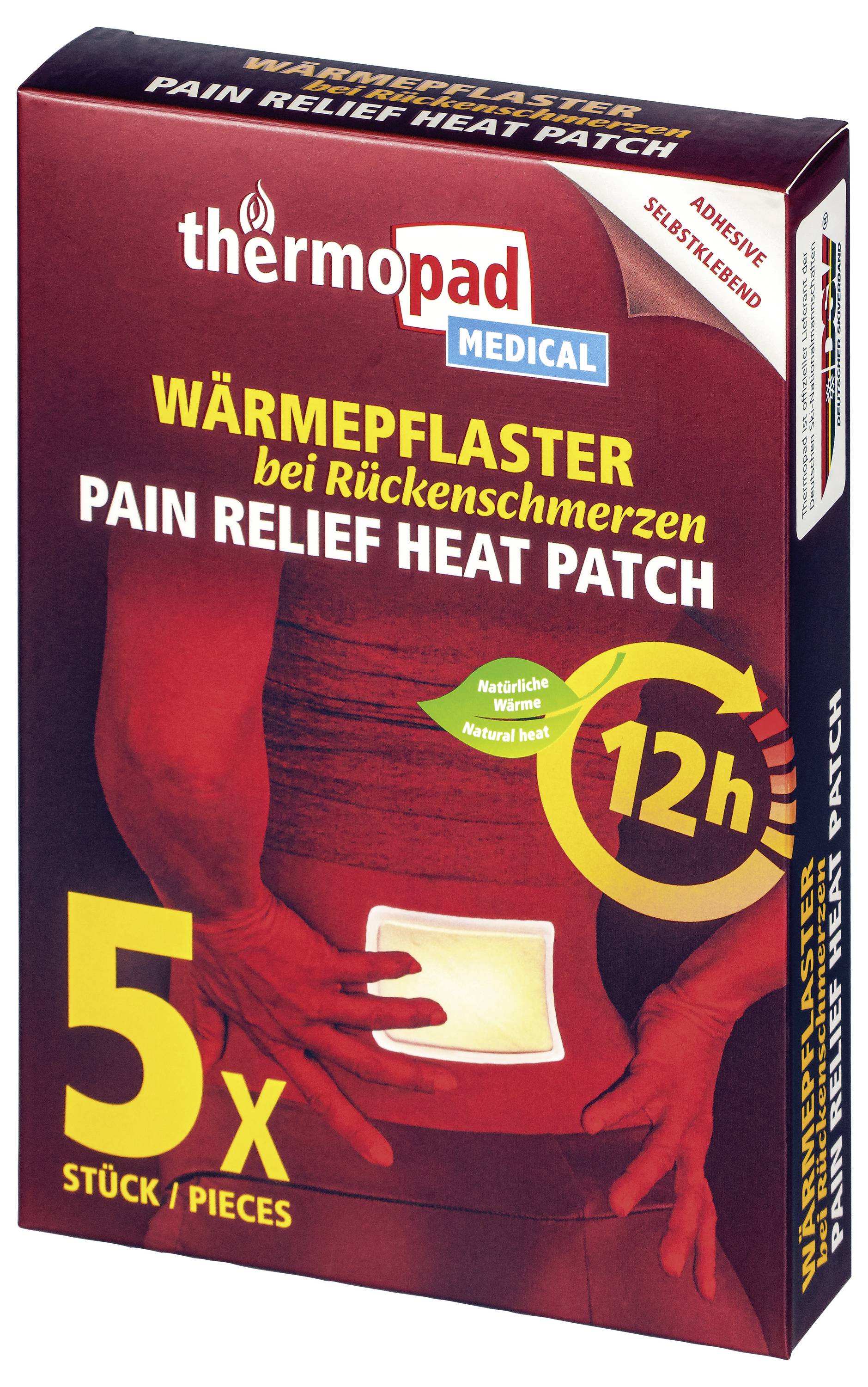 Schachtel mit Thermopad-Wärmepflastern zur medizinischen Schmerzlinderung, gekennzeichnet mit „Wärmepflaster" und „12h", 5 Stück