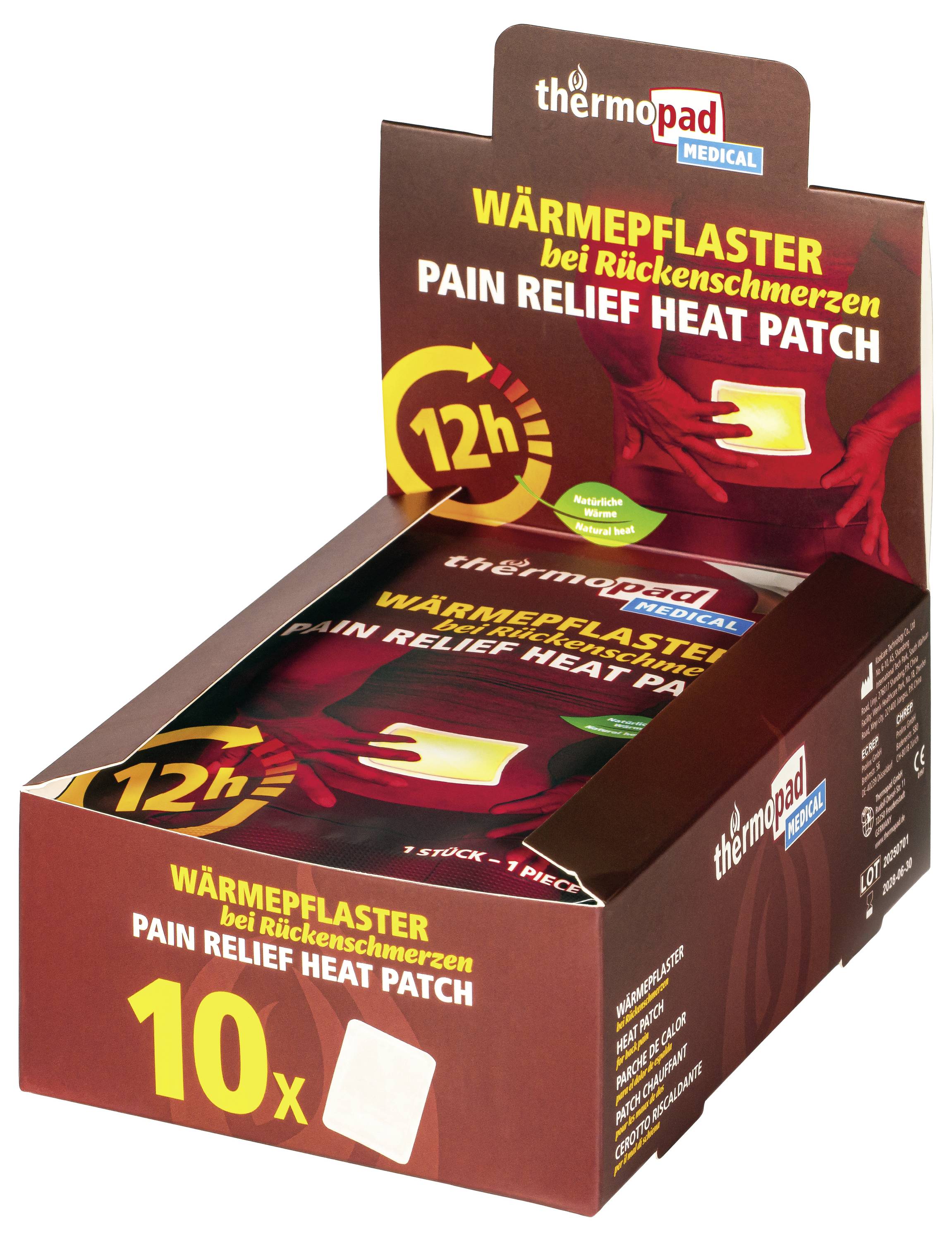 Thermopad Medizinisches Schmerzlinderungswärmepflaster, beschriftet mit „Wärmepflaster bei Rückenschmerzen" und „12h", Packung mit 10 Pflastern