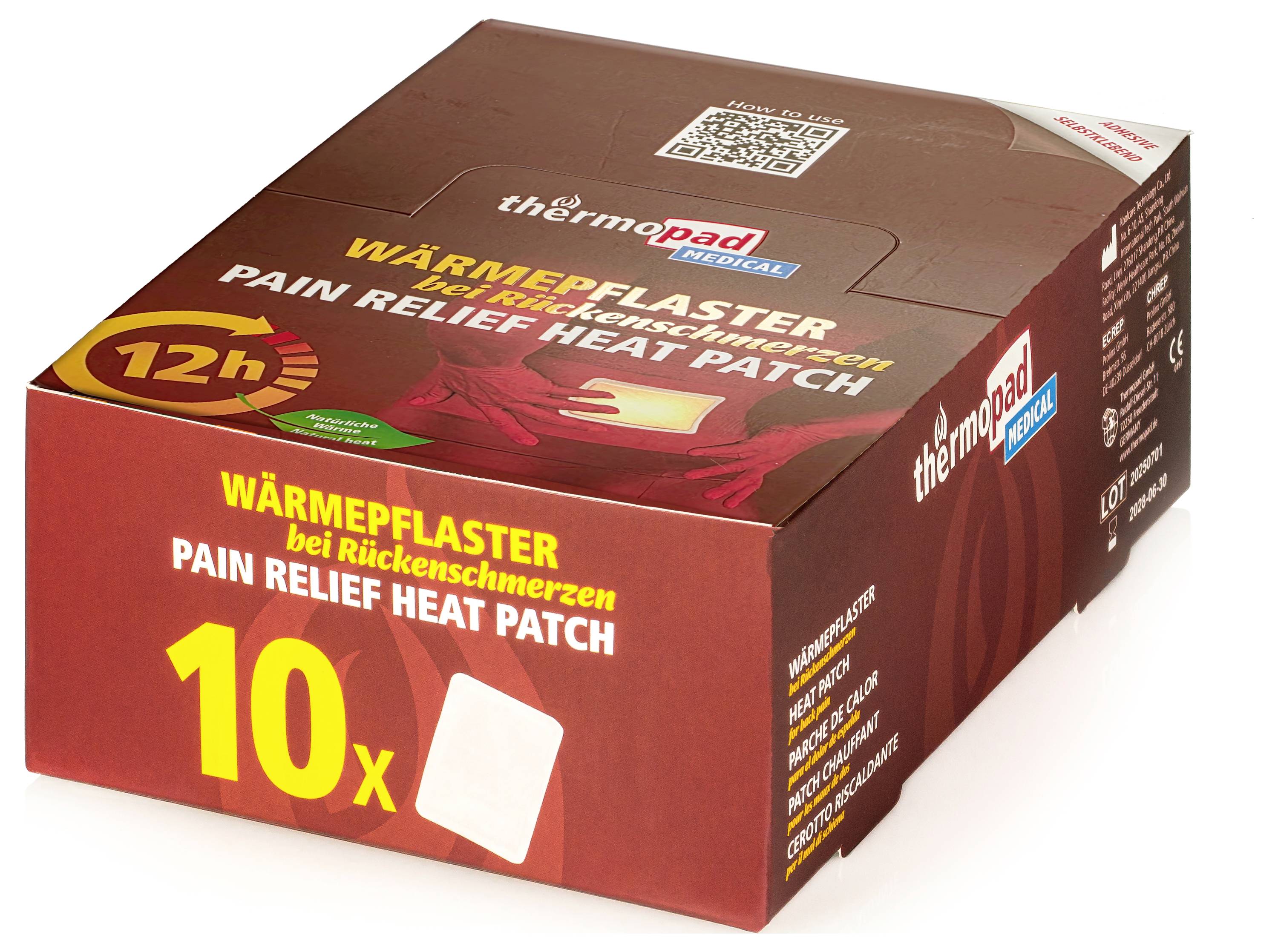 Box Thermaccare Wärmepflaster, beschriftet mit „Wärmepflaster" und „Schmerzlinderung Wärmepflaster", mit 10 Pflastern für 12-Stunden-Schmerzlinderung.