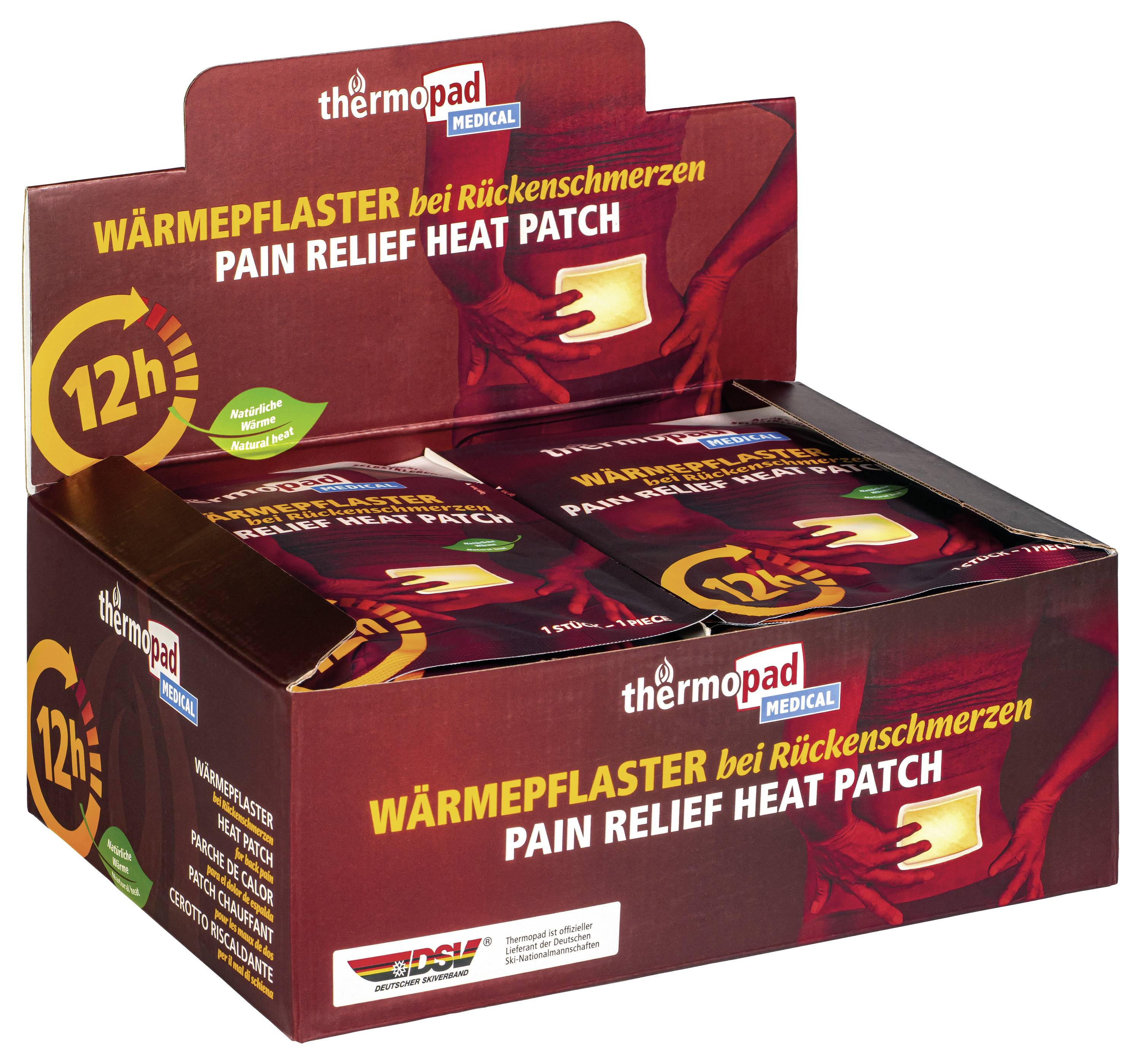 Schachteln mit Thermopad-Medizinischen Schmerzlinderungs-Wärmepflastern, beschriftet mit „WÄRMEPLASTER bei Rückenschmerzen" und „PAIN RELIEF HEAT PATCH", mit 12-Stunden-Wärmeindikation.