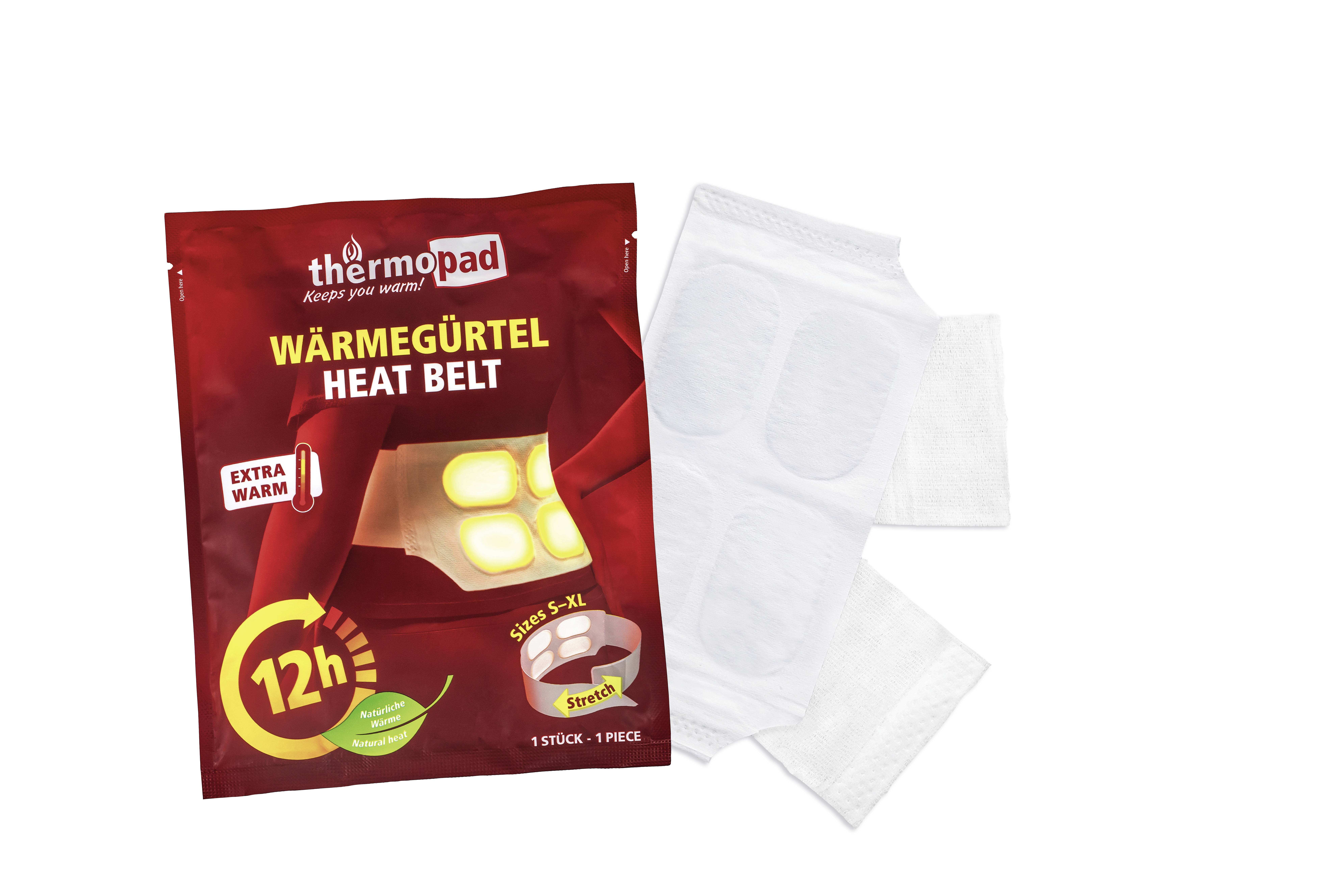 Verpackung eines Wärmegürtels, Marke 'thermopad vital', mit roten und gelben Akzenten. Bietet bis zu 12 Stunden Wärme. Größen S-XL.