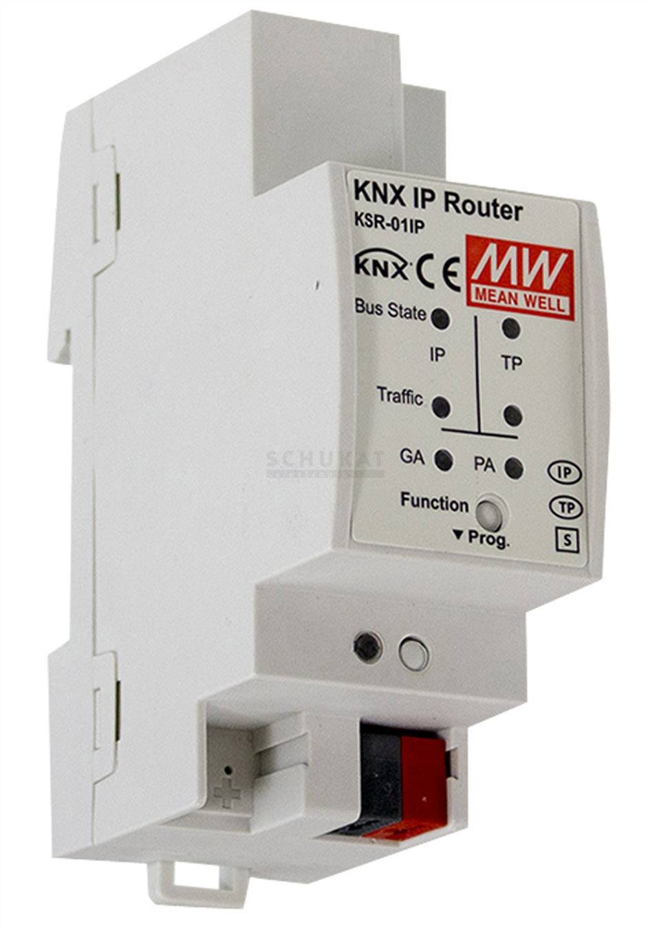 Ein 'KNX IP Router KSR-01IP' von Mean Well, ein Gerät zur Vernetzung von Gebäudesteuerungssystemen, mit Anschlüssen und LEDs.