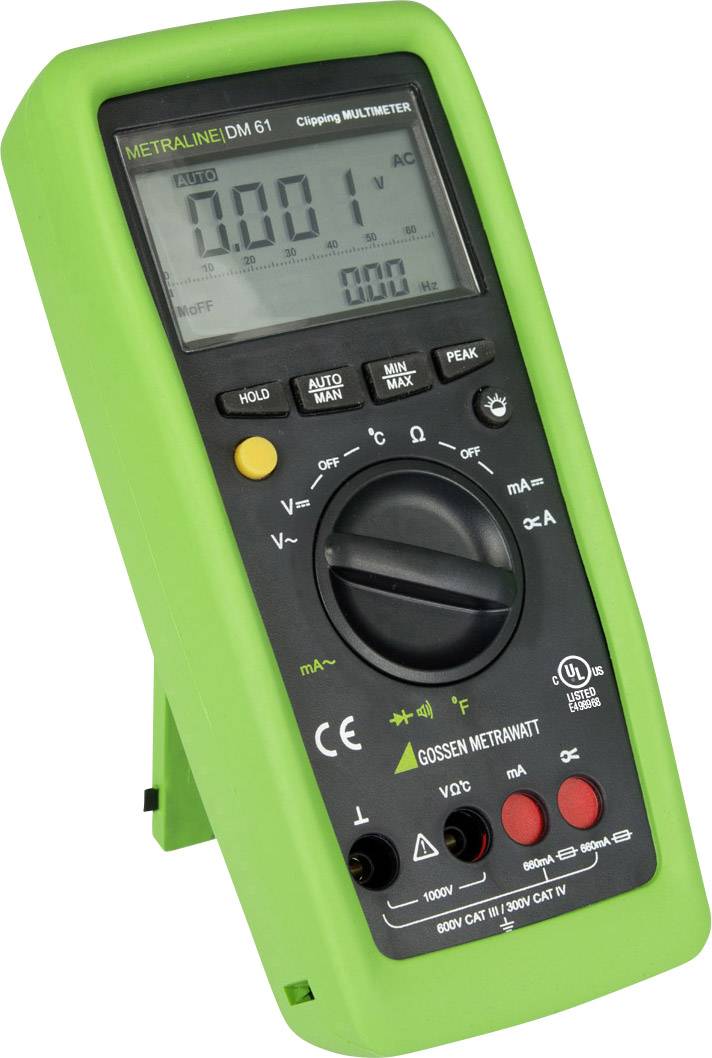 Ein Digitalmultimeter mit grünem Gehäuse zeigt den Messwert '0.001' an. Es hat Tasten und ein Drehrad für verschiedene Messfunktionen.