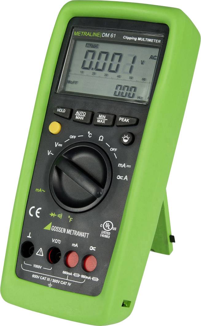 'MetraLine DM 61 Digital-Multimeter' in grün, zeigt Messwert 0.001 V AC an. Knöpfe zur Auswahl von Funktionen und Messbereichen.