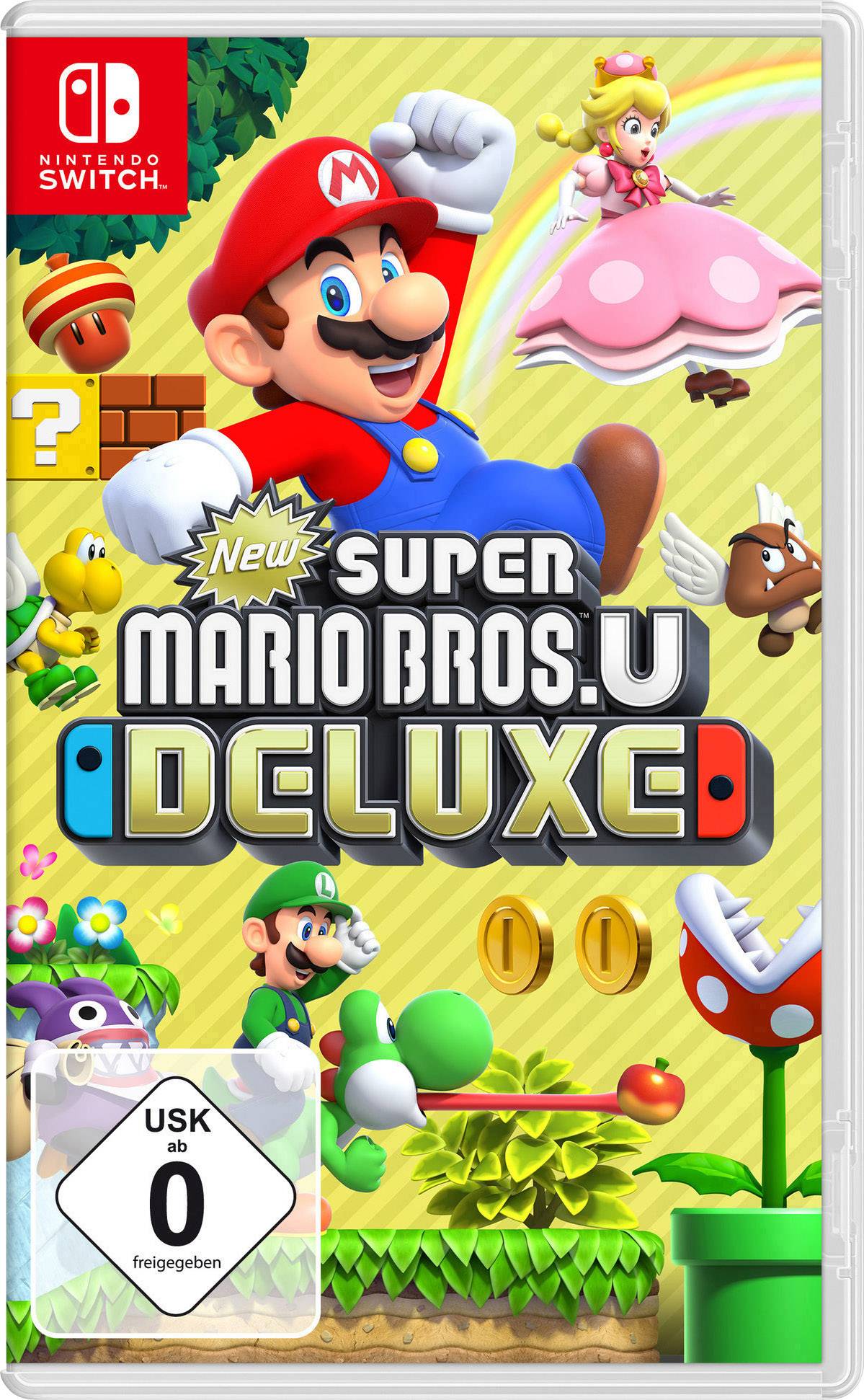 Videospielhülle 'New Super Mario Bros. U Deluxe' für Nintendo Switch. Enthält Mario, Luigi, Yoshi, Prinzessin Peach und ikonische Spielgegenstände. USK: ab 0 freigegeben.
