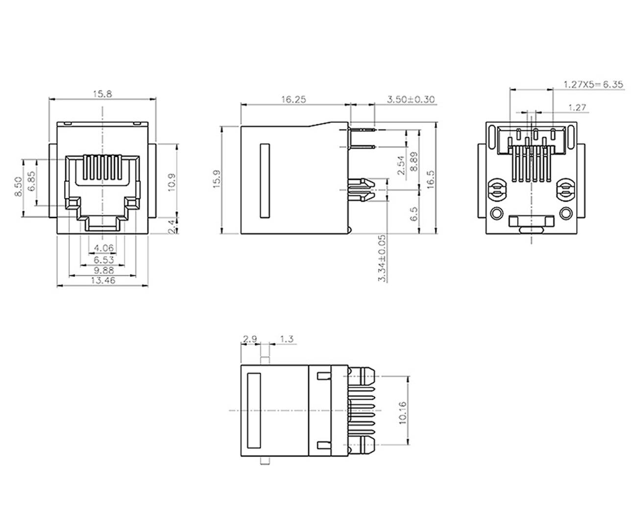 Technische Zeichnung eines RJ45-Steckverbinders mit Abmessungen in Millimetern. Zeigt Vorder-, Seiten- und Rückansicht.
