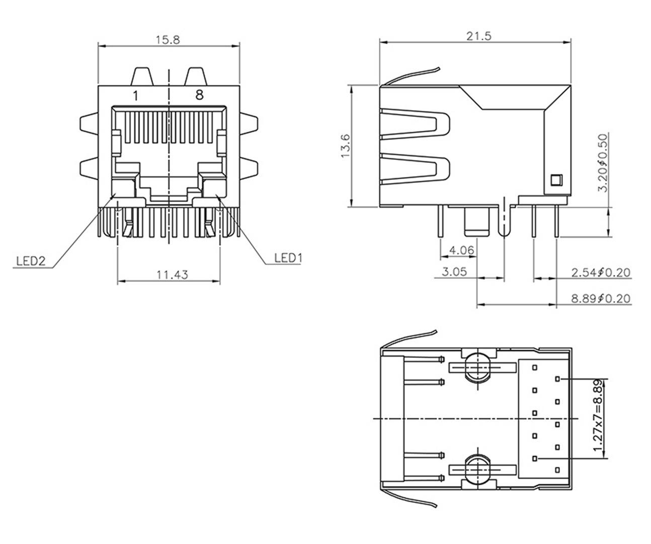 Technische Zeichnung eines RJ45-Netzwerksteckers mit Maßen in Millimetern, zeigt Front-, Seiten- und Oberansicht mit LED-Anzeigenplätzen.