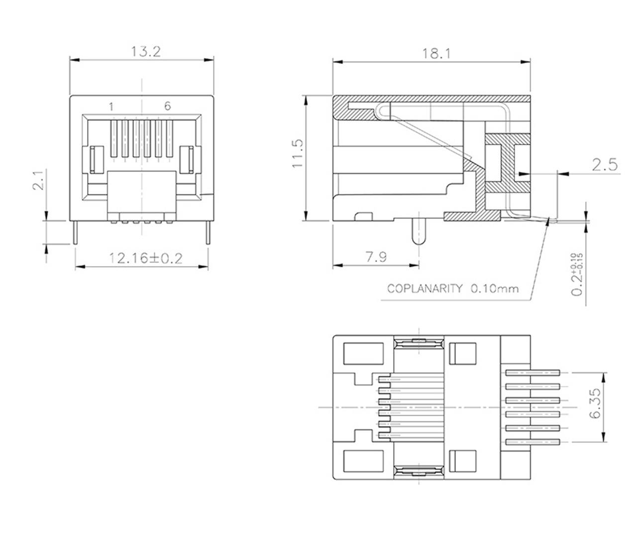Technische Zeichnung eines RJ45-Steckverbinders mit Abmessungen. Zeigt Ansicht von vorne, hinten und von der Seite mit Maßangaben.