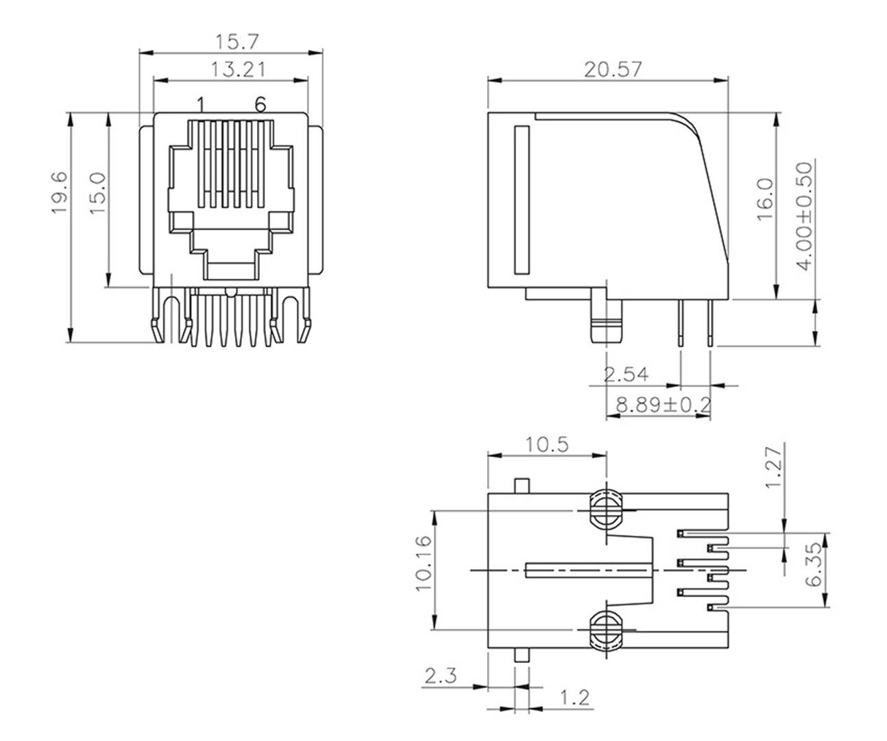 Technische Zeichnung eines RJ45-Steckverbinders von drei Ansichten: Vorderansicht, Seitenansicht und Draufsicht, mit genauen Abmessungen.
