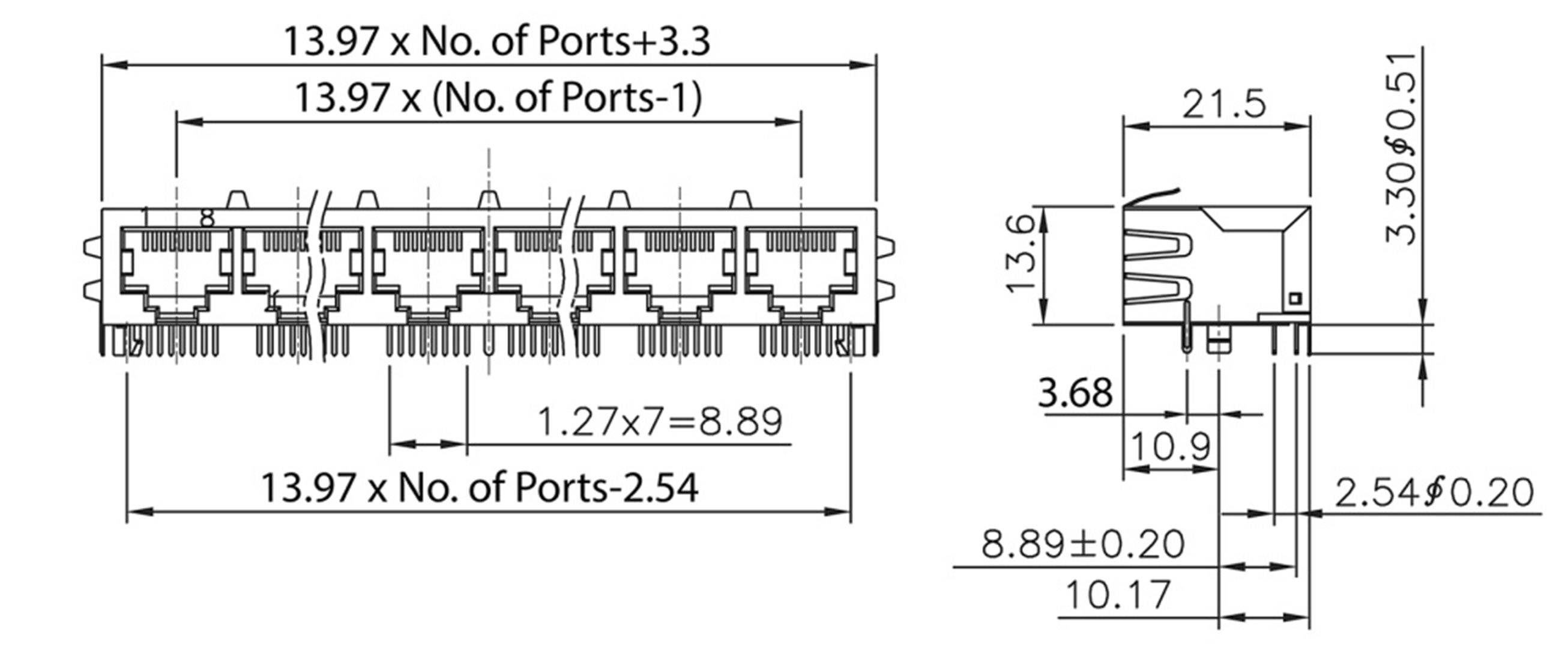 Technische Zeichnung eines Steckverbinders mit Abmessungen in Millimetern, Multiple Ports abgebildet, seitliche und Frontansicht.
