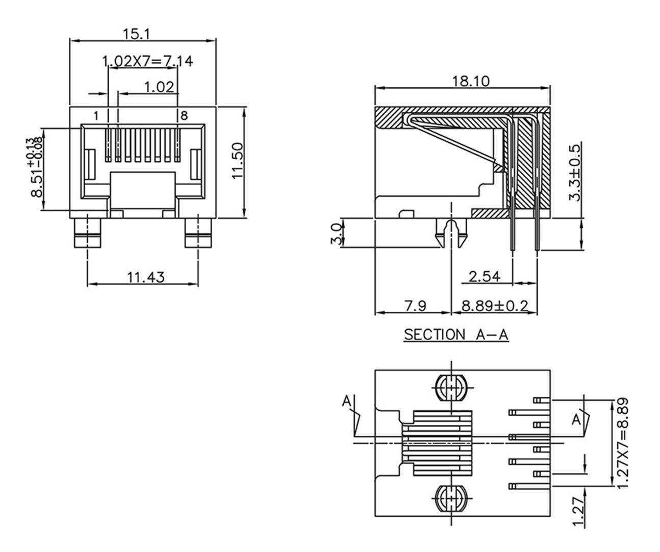 Technische Zeichnung eines RJ45-Steckverbinders mit detaillierten Abmessungen und Schnittansicht.