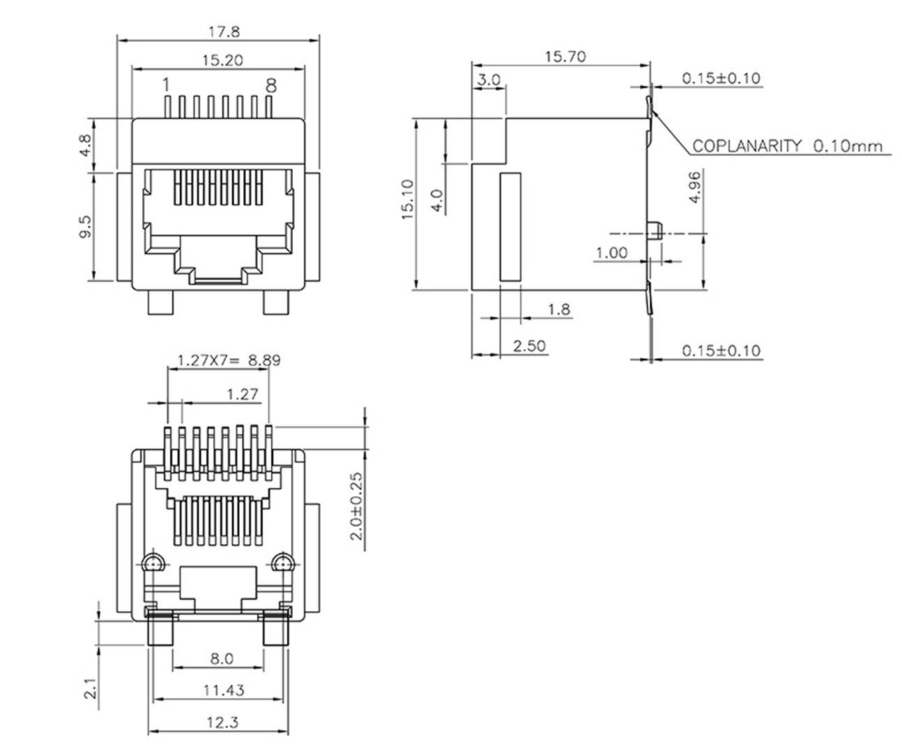 Technische Zeichnung eines RJ45-Netzwerkanschlusses mit Maßen in Millimetern in drei Ansichten: Vorderansicht, Seitenansicht und Draufsicht.