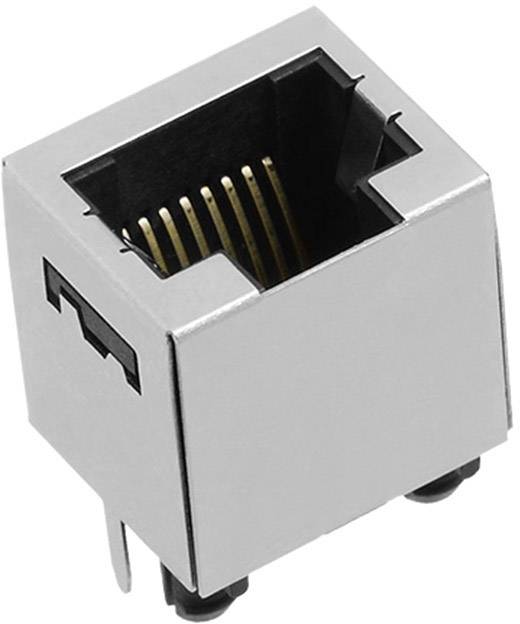 Ein silberner RJ45-Netzwerkanschluss für Ethernet-Kabel, hervorstehend, mit deutlich sichtbaren Kontaktstiften im Inneren.