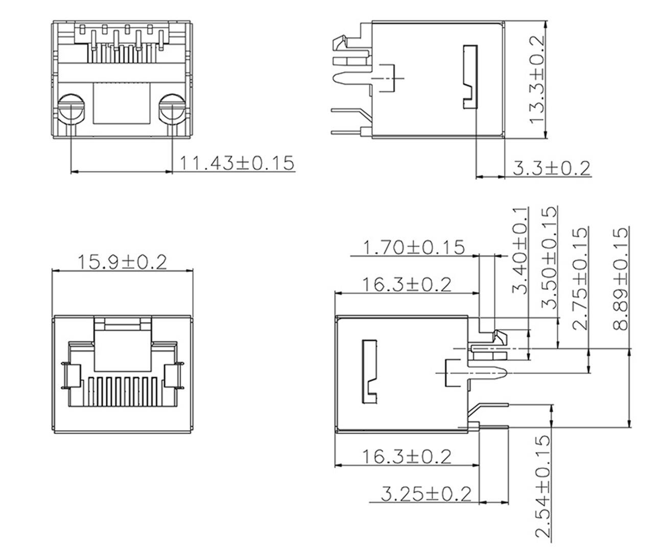 Technische Zeichnung eines RJ45-Buchsensteckers mit Maßangaben in Millimetern für Höhe, Breite und Tiefe.