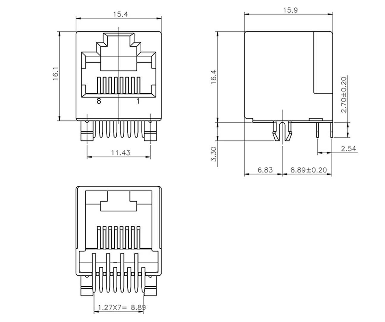 Abmessungszeichnung eines RJ45-Steckverbinders mit allen relevanten Maßen in Millimetern, zeigt Vorder- und Seitenansicht.