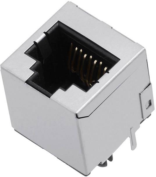 Ein silberner Ethernet-Port in Nahaufnahme mit sichtbaren goldenen Kontakten, in einem rechteckigen Metallgehäuse.