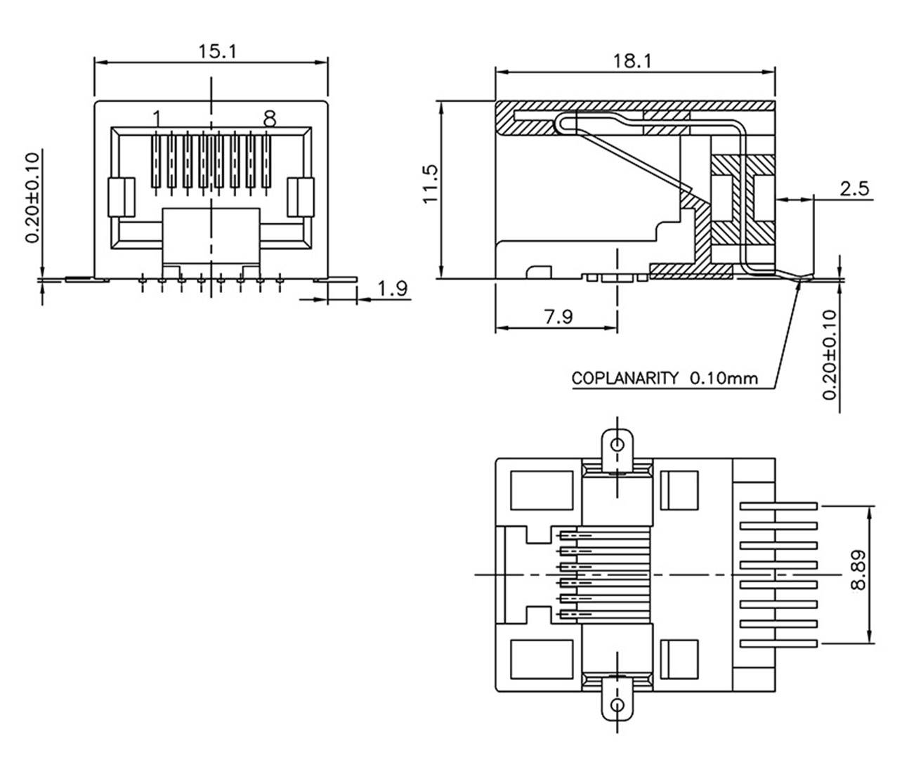 Encitech RJJU-88-141-E3H-009 RJ45 Steckverbinder 3253-0007-02 Buchse, Einbau horizontal Polzahl 8P8C Schwarz