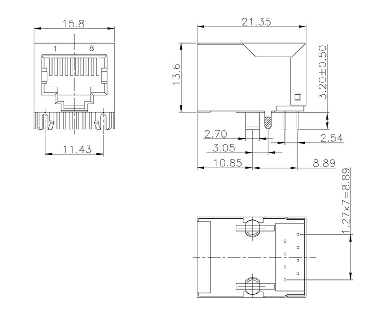 Technische Zeichnung eines rechteckigen Steckverbinders mit Maßen. Vorder-, Seiten- und Draufsicht zeigen spezifische Abmessungen in mm.