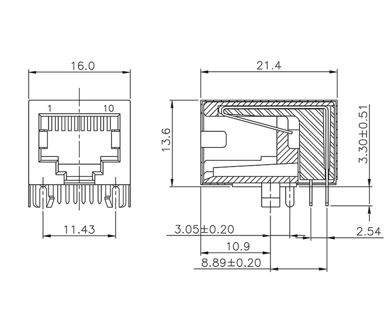 Technische Zeichnung eines RJ45-Steckverbinders mit genauen Maßen in Millimetern, seitliche und vordere Ansicht.