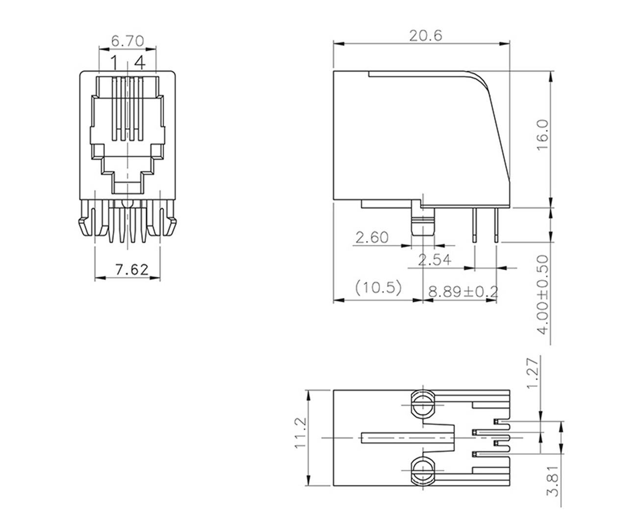 Technische Zeichnung eines modularen Steckverbinders mit Maßen und Details zur Pin-Anordnung und Geometrieansichten von vorne, Seite und oben.