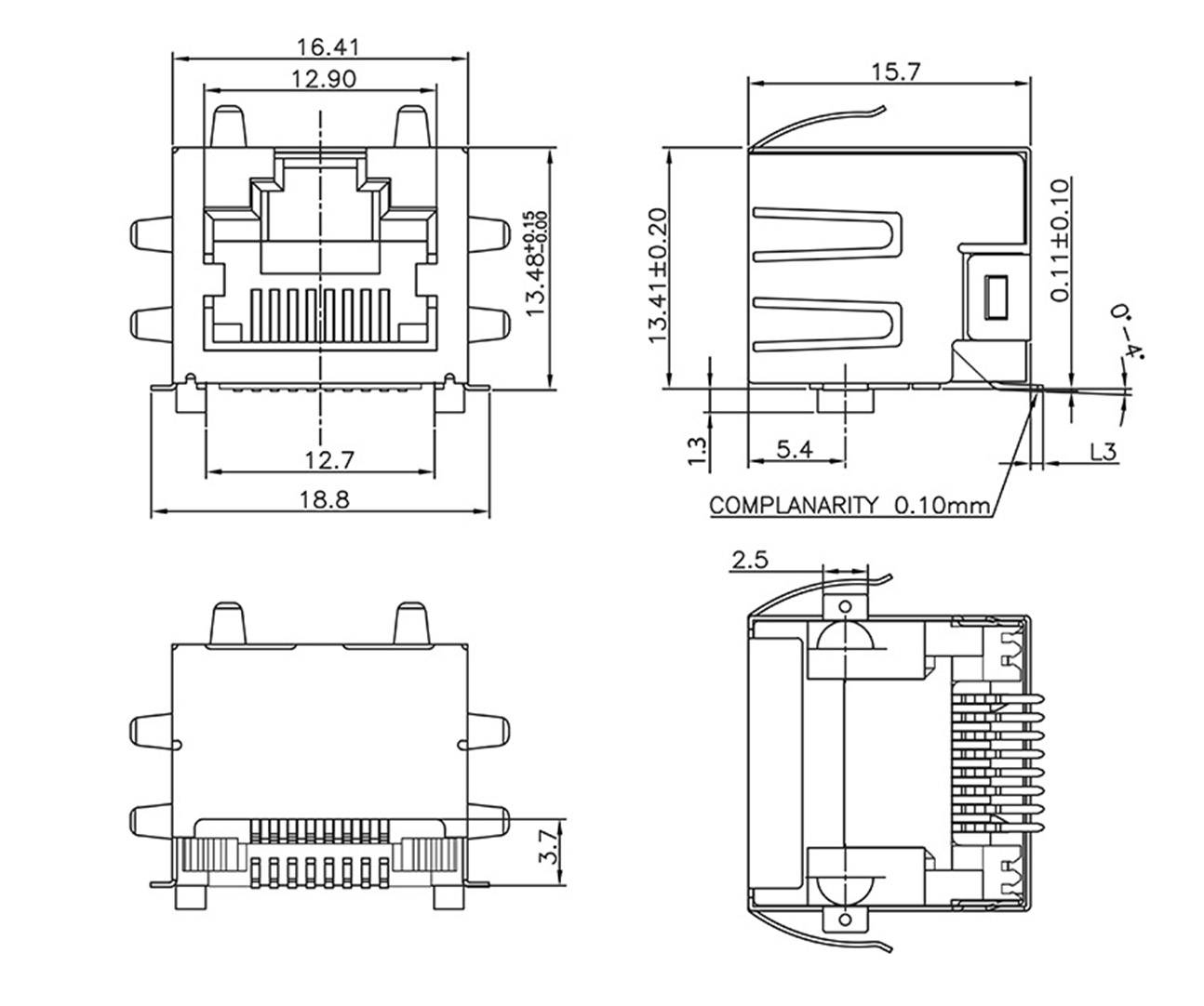 Technische Zeichnung eines RJ45-Steckverbinders mit Bemaßungen. Verschiedene Ansichten zeigen Details wie Höhe, Breite und Kontaktpositionen.