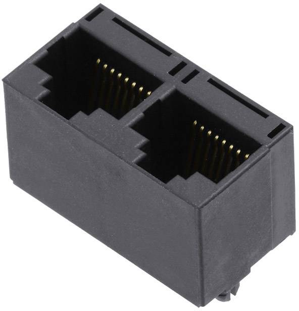Schwarz zweifach Ethernet-Anschluss für Netzwerkkabel, zeigt metallische Kontakte im Inneren, verwendet in elektronischen Geräten.