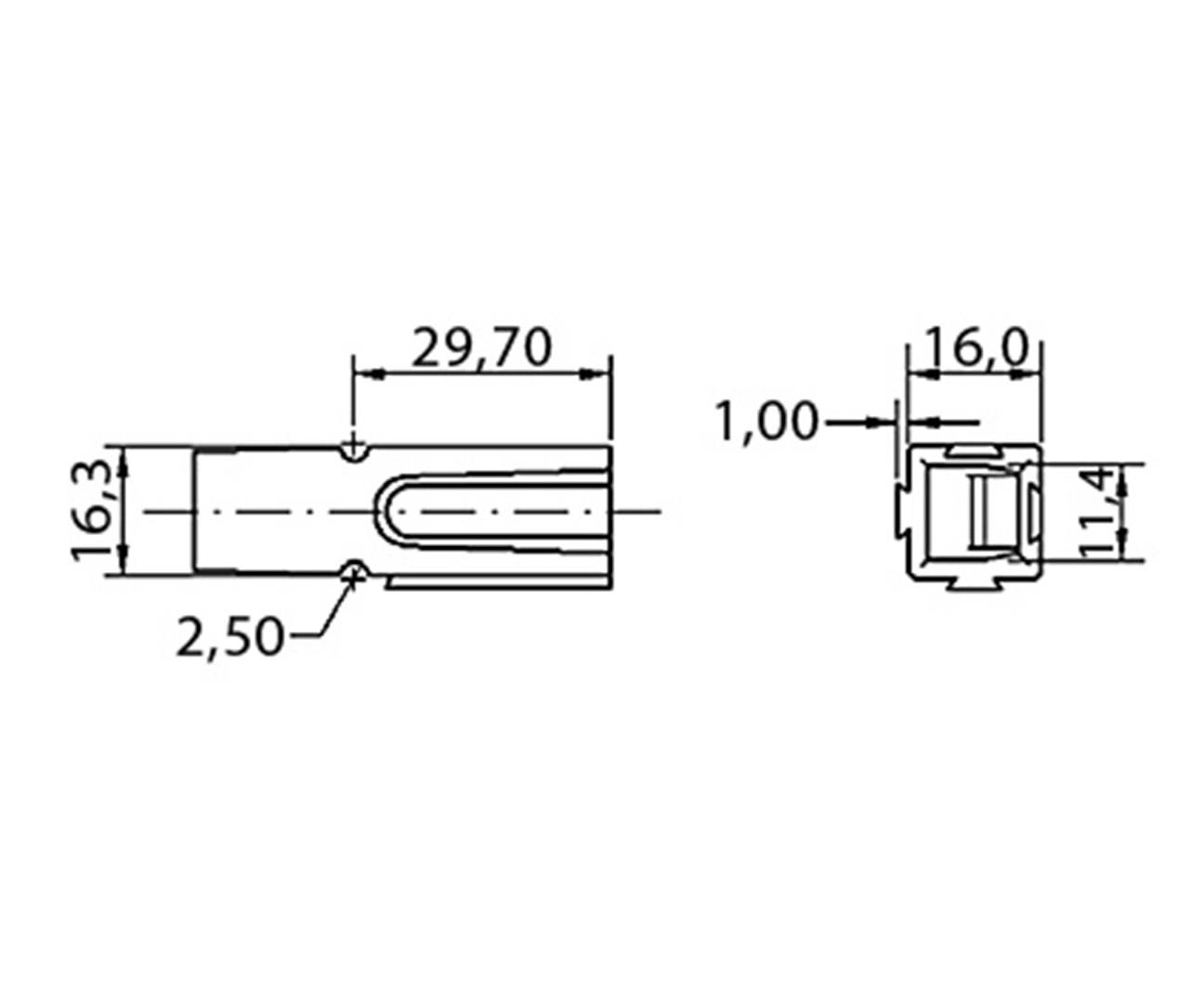 Diagramm zeigt technische Zeichnung eines zylindrischen Objekts. Dimensionen: Länge 29,70 mm, Breite 16,0 mm, Höhe 16,3 mm.
