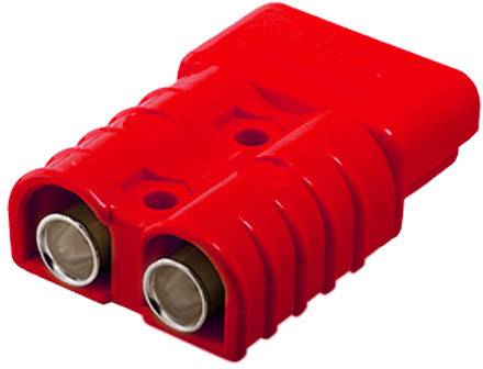 Rotes elektrisches Steckverbindungsgehäuse mit zwei runden Metallanschlüssen, geeignet für industrielle Anwendungen.
