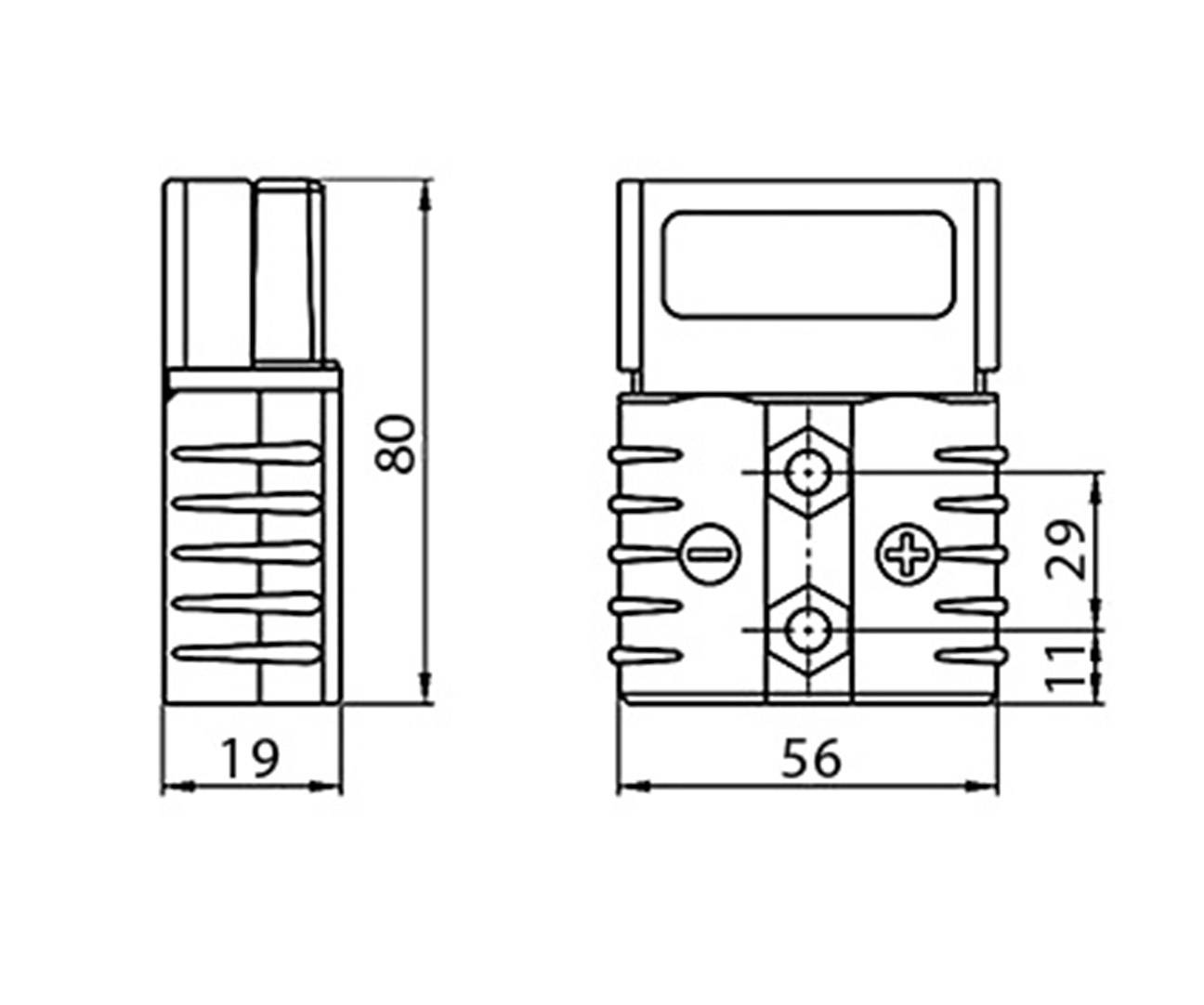 Technische Zeichnung eines elektrischen Steckers mit Maßen: Höhe 80mm, Breite 19mm, und Tiefe 56mm. Enthält Schraubsymbole.