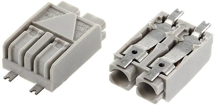 Graue elektrische Steckverbinder mit Metallkontakten, möglicherweise für Leiterplattenmontage. Zwei Perspektiven, Vorder- und Rückansicht.
