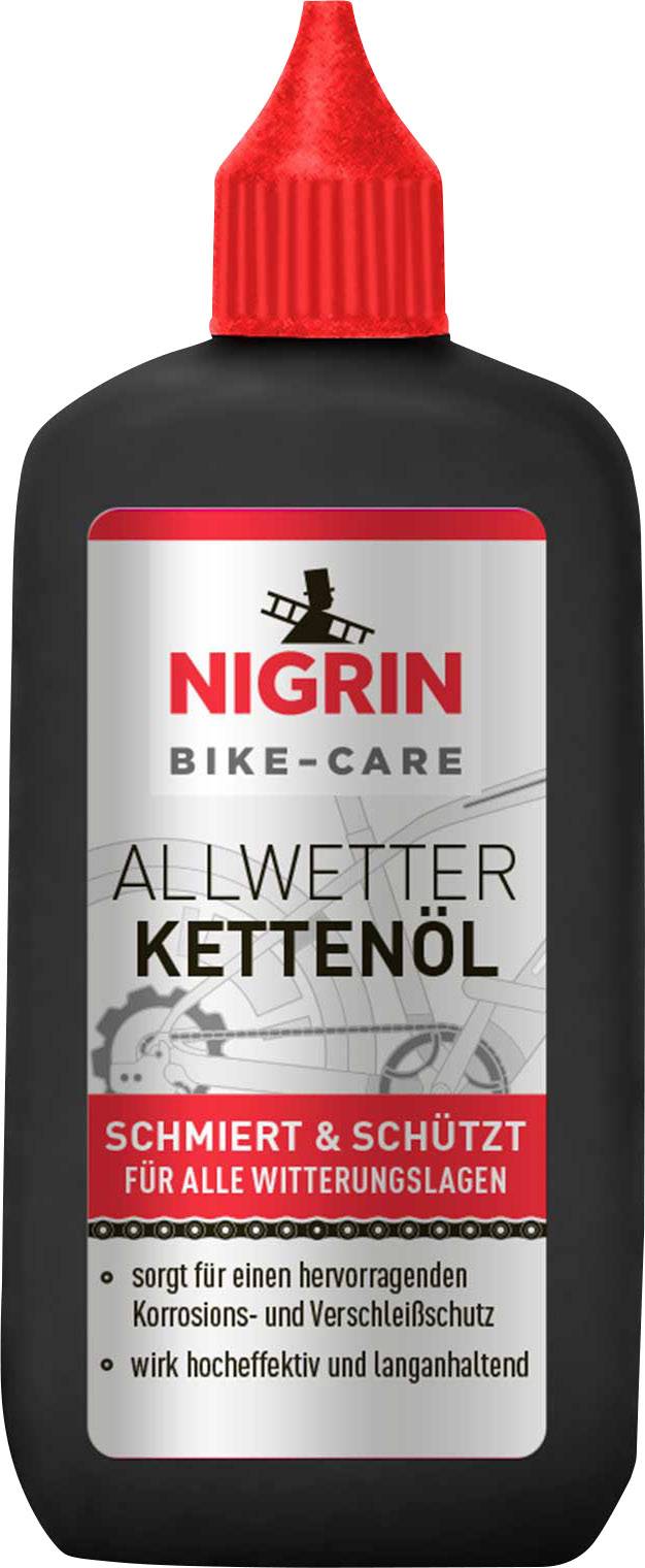 Flasche Allwetter Kettenöl von Nigrin; schützt und schmiert Ketten bei allen Wetterbedingungen, bietet Korrosionsschutz.