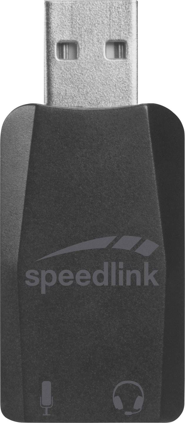 Ein schwarzer USB-Dongle mit 'speedlink' Logo auf der Vorderseite, Mikrofon- und Kopfhörer-Symbole zeigen Audiofunktionen an.