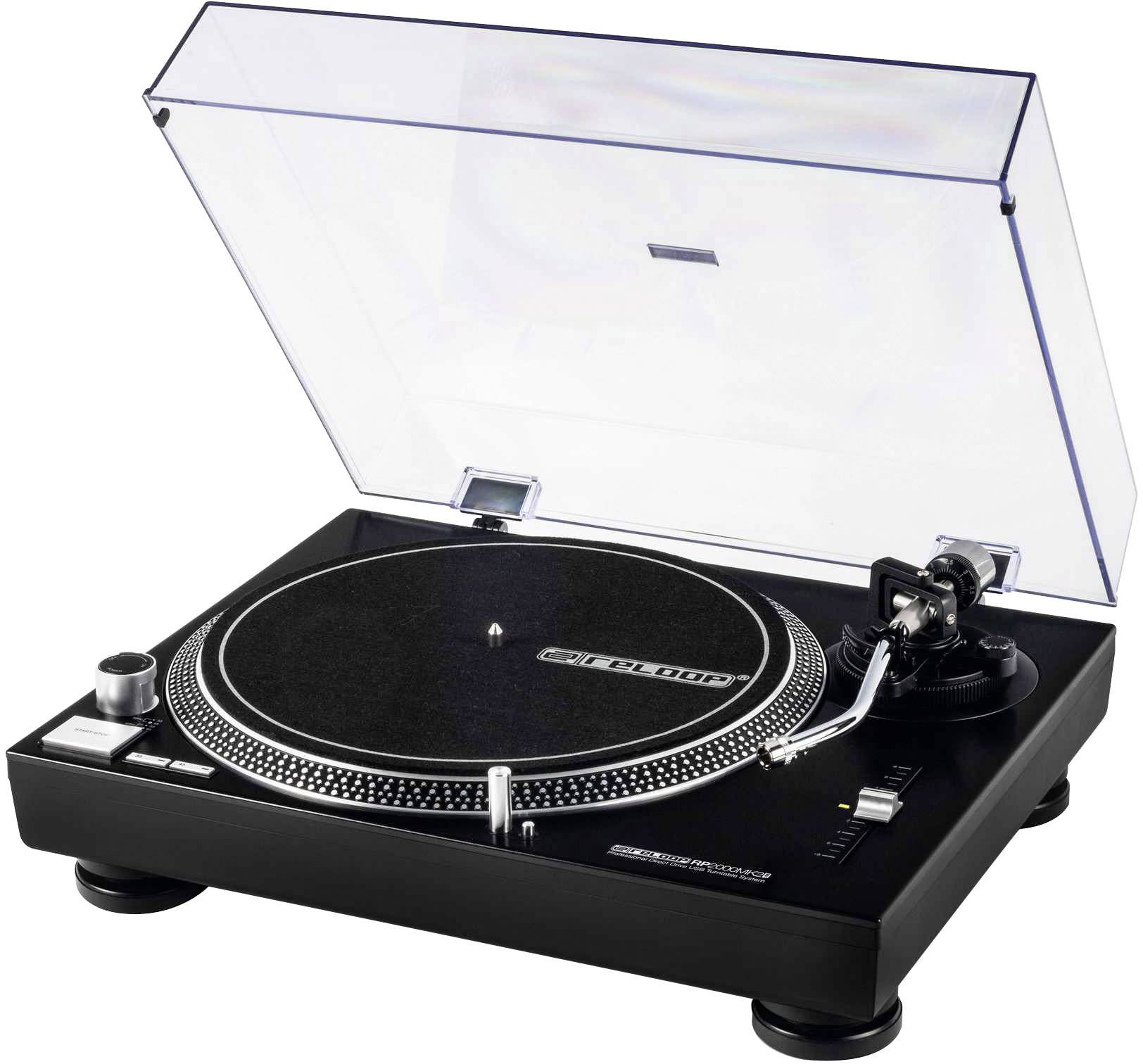 Ein Plattenspieler mit transparentem Deckel geöffnet, schwarzem Gehäuse, Teller und Tonarm sichtbar.